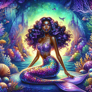 beautiful mermaid dark brown skin , brown skin long wavy hair,...