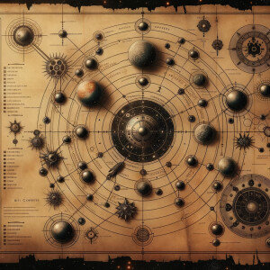 Aged parchment, lead illustration of a galactic map, a galaxy wi...