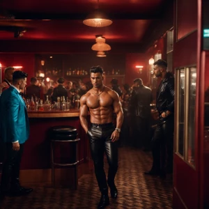 A vibrant gay bar interior bustling with muscular men wearing le...
