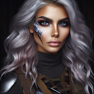 A beautiful huntress from the “Monster Hunter” series with dark...