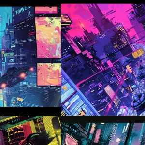 Chronicles
Cyberpunk comic page with a layered panel design: 1)...