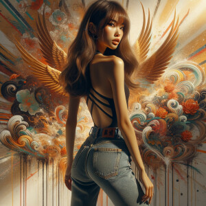 Athletic Thin skinny Attractive, Asian teenage girl, long brown hair and bangs, wearing tight skinny jeans and a halter top paint marks on her clothing, heroic pose Asian graffiti background, backside view