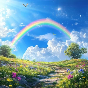 Beautiful heavenly scene of open field and blue sky with a few f...