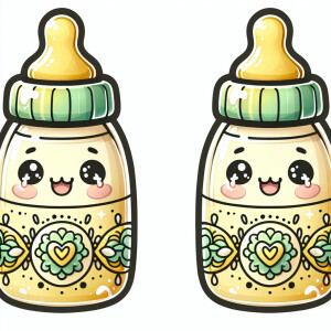 cute adorable yellow and green baby bottle of milk glossy water...