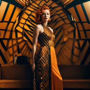 Photorealistic. Light ginger haired woman in long portrait. Tall...