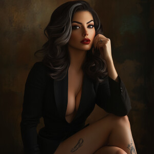 Create an image of an elegant woman exuding confidence with a cu...