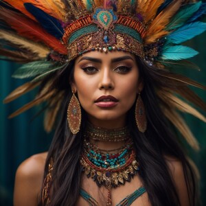 Young woman adorned in a richly decorated headdress, featuring a...