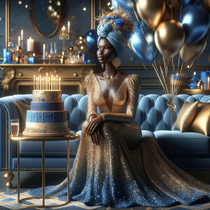 Create a 3-D realistic, African-American woman, she is seated on a luxurious blue couch. She is dressed in a splendid blue and gold gown, with the fabric shimmering like a starlit night sky. Her outfit is complemented by gold earrings and a chic blue and gold head wrap crowning her head with elegance. Beside her, a beautifully decorated birthday cake adorned with blue and gold icing, stands on a small table, with candles waiting to be wished upon. In the air, blue and gold balloons catch the light, adding a touch of magic. The room itself is a harmony of celebration, with hints of gold accents against blue decor, creating an atmosphere of joyous celebration.