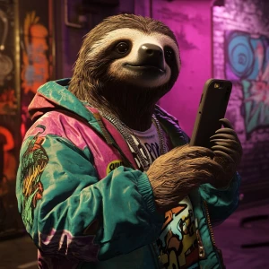 Sloths slerf meme..on his cell phone, 80's clothing, in GTA San...