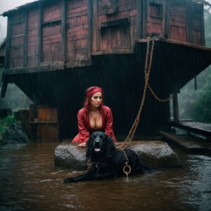 A drenched Wench chained to a block at a pirate hideaway on a ra...