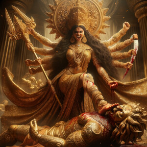 portrait of angry looking goddess durga placing her foot on a defeated mahishasur. She is wearing gold armor, a huge gold crown, gold saree, abundant  gold jewelry, covered in blood. The scene is set in ancient India. The image is 8K resolution, photography, cinematic, ultra detailed face and epic