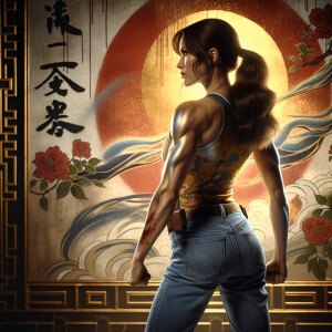 Athletic Thin skinny Attractive, Asian teenage girl, long brown hair and bangs, wearing tight skinny jeans and a halter top paint marks on her clothing, heroic pose Asian graffiti background, backside view