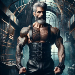 Create an image of a 30 year old muscular bodybuilder man gray h...