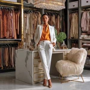 A confident female stylist, radiating power, poses in her luxuri...