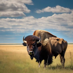 A lone bison grazing on a grassy plain, under a wide-open blue sky.