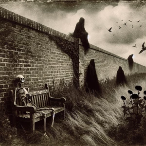 Generate a monochrome image of a desolate, grassy field enclosed...