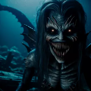 An evil mermaid with sharp teeth::1, malevolent glowing eyes::2,...