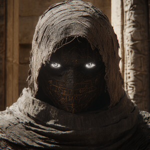 A mysterious figure with glowing, intense silver eyes peers out...