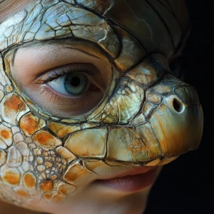 A woman's face transforming into a turtle's snout