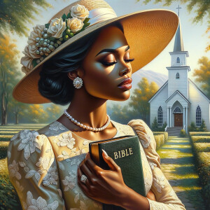 Render an airbrush oil painting of an African American woman with flawless makeup in a
contemplative pose, holding a Bible close to her heart, dressed in an elegant Sunday Best
outfit with a distinctive Church Hat. The background features a peaceful church garden,
with light filtering through the trees, highlighting her spiritual connection and the personal
moment of reflection. The artwork should capture the tranquility of the scene, the beauty
of her attire, and the depth of her contemplation, reflecting a serene and spiritually