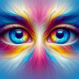 multicolored eyes, prominently featuring shades of blue, pink, a...