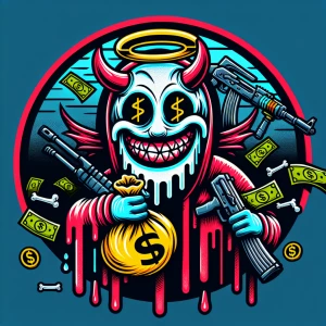 Design a cartoon-style circular logo featuring a cheeky demon we...