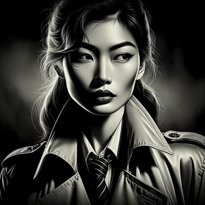 Generate a detailed black-and-white portrait of a superheroine s...