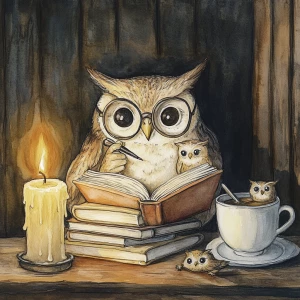 Owl with glasses is reading a book by the light of a candle with a stack of old antique books next to him on a table. A quil pen is in an ink pot on the table. a cup of coffee is next to him on the table as well as an owlet looking up at him. Watercolor with pencil outlines. Focus on the owls.