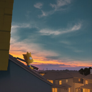 Bart Simpson smokes weed on the roof of a house, sunset outside
