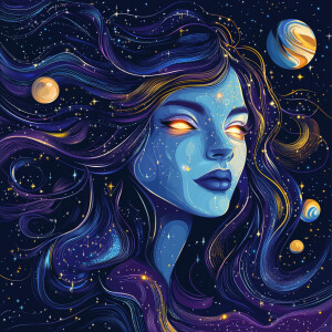 Realism Vector-style portrait of a celestial goddess, long flowi...