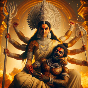 Imagine an hourglass form, an athletic build, enraged goddess Durga sitting atop a golden crown, and a wounded Mahishasur lying like a baby on top of her lap.  wearing a whitesaree, diamond  jewelry all over her body, a large gold crown on her head, and glaring into the camera. The lighting is incredibly realistic, cinematic, 8K, UHD, and the face is realistically depicted with photorealistic perfection. Photography