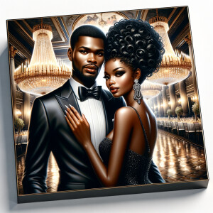 Depict an African American duo at a lavish gala. The gentleman s...