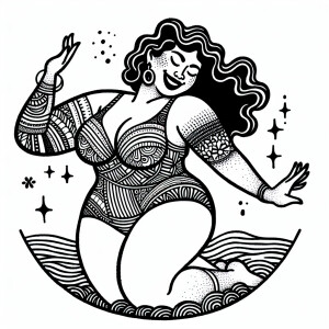 Design a coloring page that showcases a self-assured plus-size w...