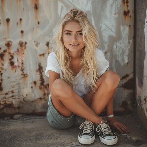 A stylish and charming blonde woman aged between 19-25, showcasi...