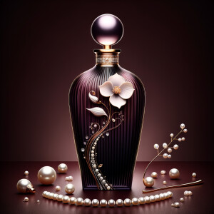 Create an image of a sophisticated perfume bottle that is designed to resemble the silhouette of a woman's figure. The glass of the bottle should be a deep, dark purple, evoking a sense of mystery and luxury. Adorning this unique bottle, there should be a pattern of a single, intricate white and soft pink flower, with a string of pearls that gracefully follows the curves of the bottle's form. The neck of the bottle, slim and elegant, is encircled by a band of gold inlaid with tiny sparkling diamonds, leading up to a large, lustrous pearl that serves as the bottle's cap. Include additional details such as scattered pearls, a petal, and a golden twig with a single pearl on the maroon surface around the bottle, all of which reinforce the sophisticated and luxurious theme. The perfume bottle is a signature piece for a person named Karen, reflecting her refined and elegant taste.