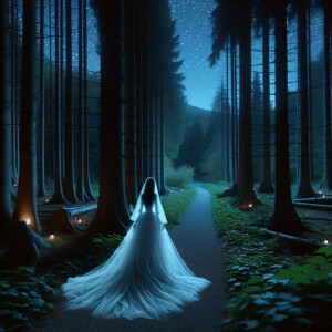 A Ghost bride girl walking in the night forest