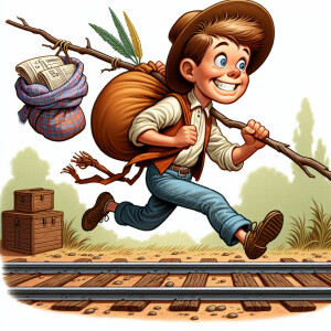 Comical caricature of a young boy running away, stick over his s...