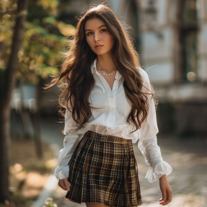 Fair-skinned woman with dark long hair, elegant and composed, wa...