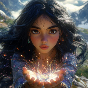 A half Mexican alien woman with long, flowing black wavy hair an...