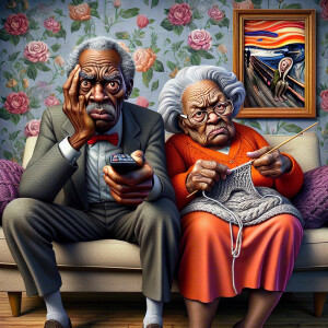 Digital art, a stylized African-American elderly couple wearing...