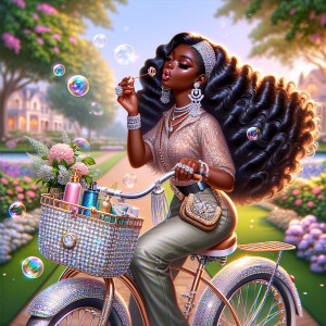 Glammed-up African American girl with long, flowing hair, dresse...