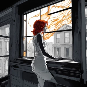 Prompt: A slender, beautiful woman with flaming red hair looks o...