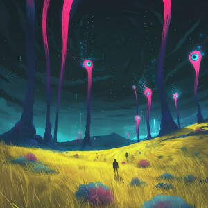 secret archive photo, a surreal night landscape with a yellow gr...