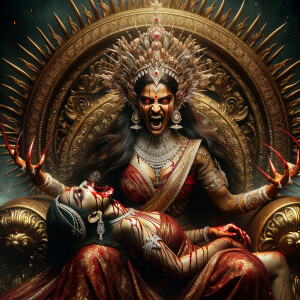 portrait of angry looking goddess durga, sitting on a gold crown...