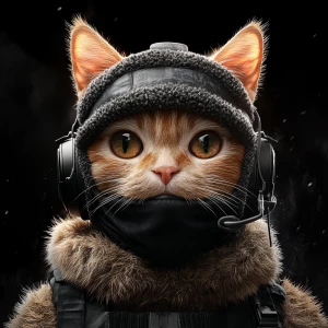 A wide-eyed ginger cat wearing a black tactical balaclava (or ma...