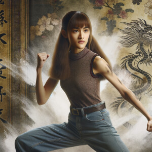 Athletic Thin skinny Attractive, Asian teenage girl, long brown hair and bangs, wearing tight skinny jeans and a halter top paint marks on her clothing, heroic pose Asian graffiti background