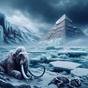 Depict a chilling apocalyptic ice age setting with a frozen wool...