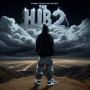 Design an album cover with the title "THE HUB TAPE 2" in large, chrome-colored letters at the top, emerging from a backdrop of thick, dark rainstorm clouds. Include "PYRAMID PRODUCTIONS PRESENTS" in smaller chrome text above the title. The artist name, "CLOUDED MIND," should appear in chrome near the bottom of the cover. Set against a black nighttime sky, feature a rap producer dressed in a black hooded sweater, baggy gray Levi 501 jeans, and black and gray Air Jordan sneakers. The figure stands at the edge of a hill with his back to the viewer, gazing over the San Gabriel Valley with the Los Angeles City Skyline visible in the distance.