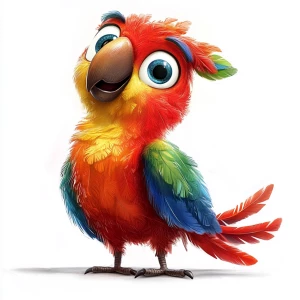 Create an image of a older cute, vibrant-colored cartoon parrot...