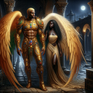 Create an oil painting image featuring a male angel and a grievi...
